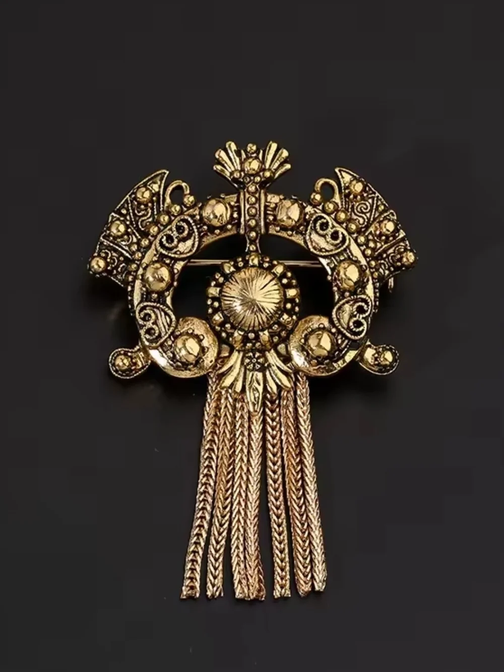 Gold-Tone Ornate Tassel Brooch with Filigree